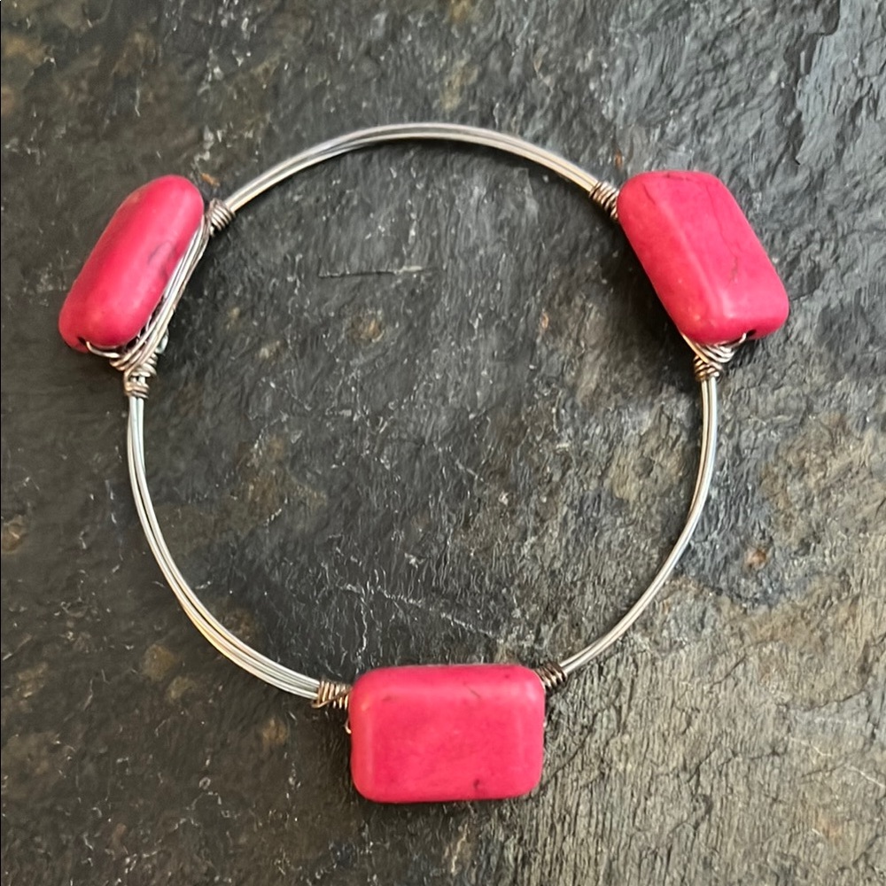 Handmade Pink Stone Wire Wrapped Bracelet-EUC